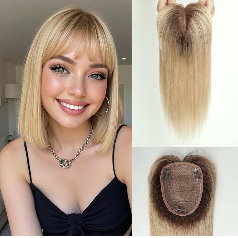 Hair Toppers for Women Real Human Hair with Bangs 4.5"*5.5"Large Base 14 Inch